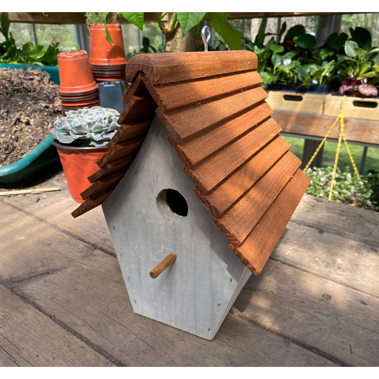 Handmade Birdhouse for Outdoor Use - Dove Gray Milk Paint and Stain Roof