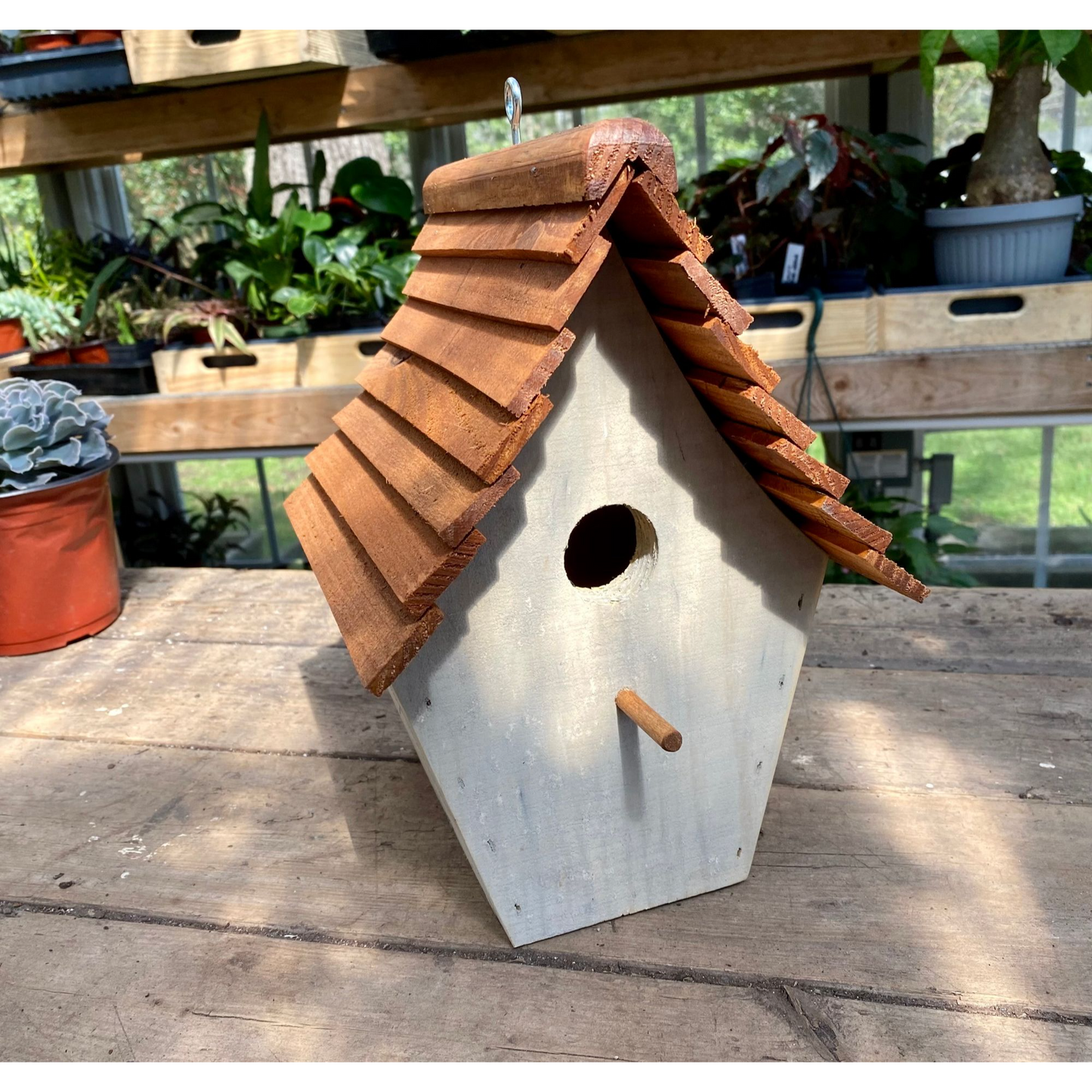 Handmade Birdhouse for Outdoor Use - Dove Gray Milk Paint and Stain Roof