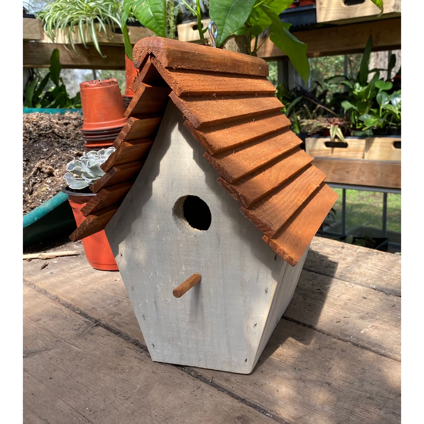 Handmade Birdhouse for Outdoor Use - Dove Gray Milk Paint and Stain Roof