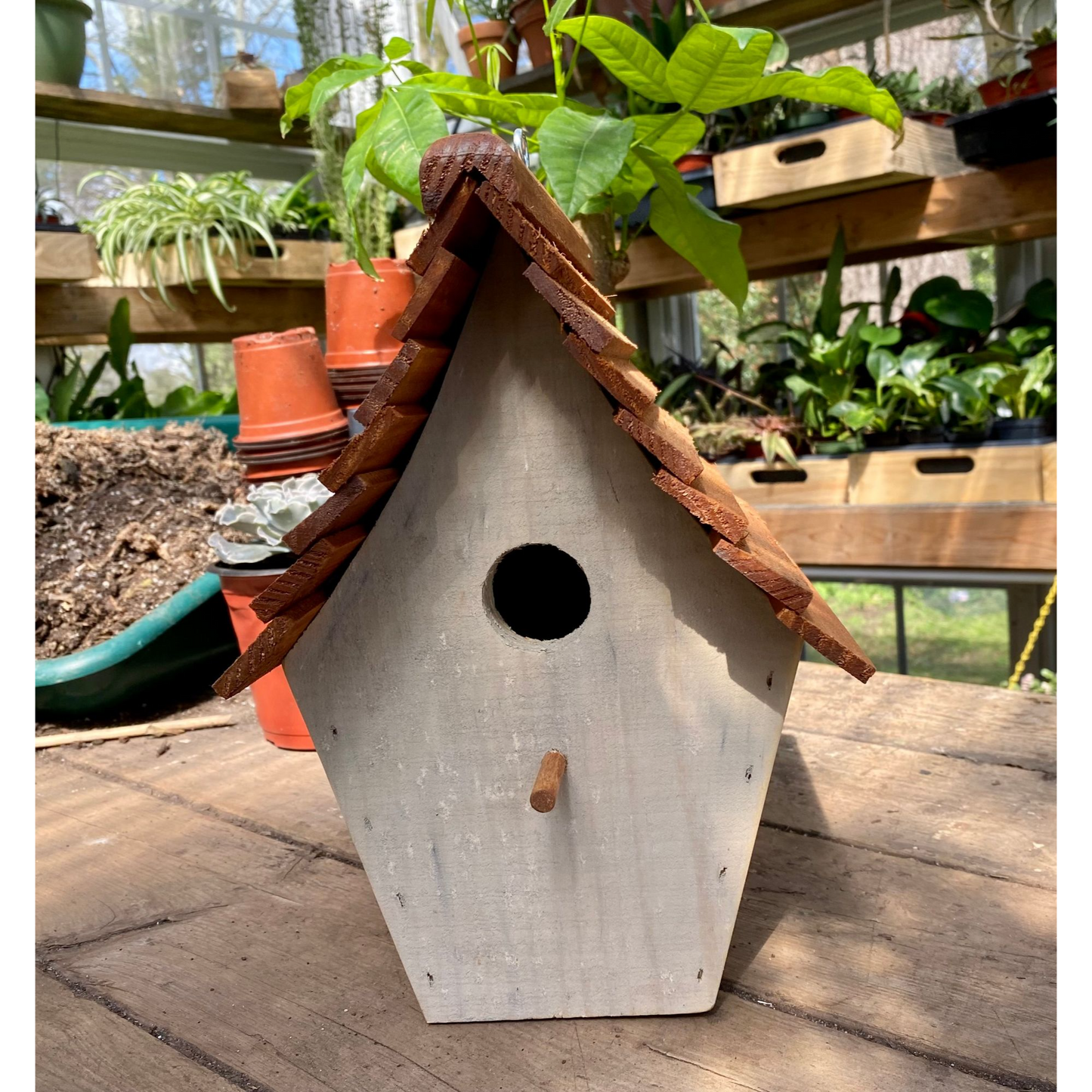 Handmade Birdhouse for Outdoor Use - Dove Gray Milk Paint and Stain Roof